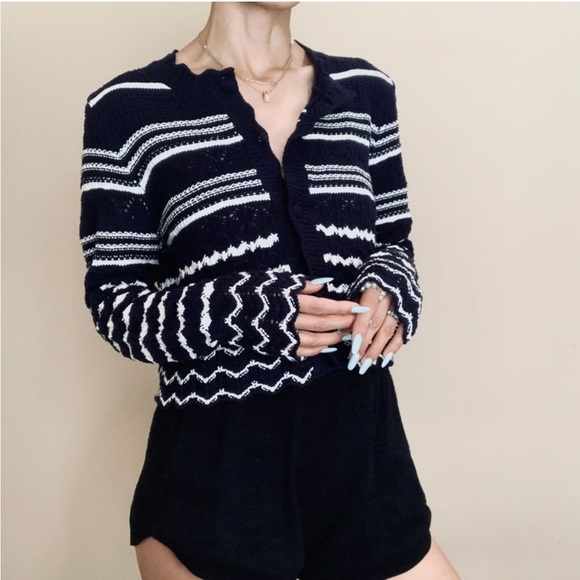 House of Harlow 1960 Navy & White Striped Knit Cropped Cardigan Sweater NWT - Picture 1 of 9